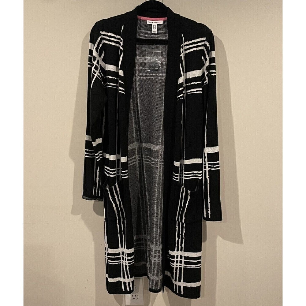 Isaac Mizrahi Live Black & White Plaid Jacquard Duster Cardigan Size XXS A392461
